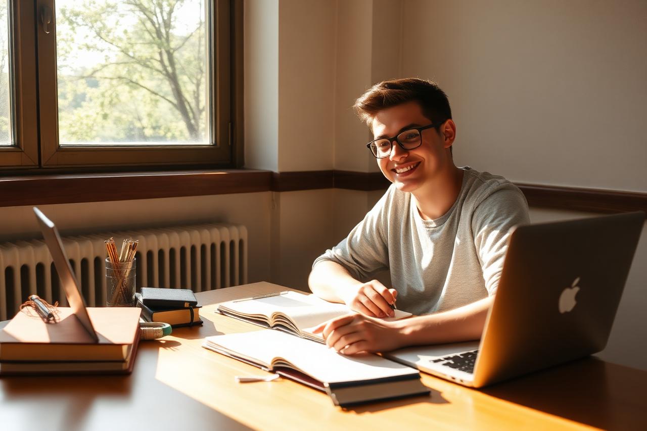 A high school student studying for college applications at a sunlit desk